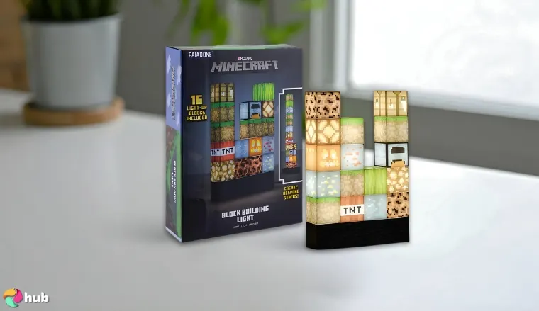 Minecraft Building Block Night Light on a white office desk with minimal decor for a review