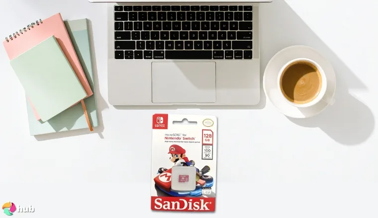 Nintendo-Branded microSD Card on a white office desk styled neatly for a review