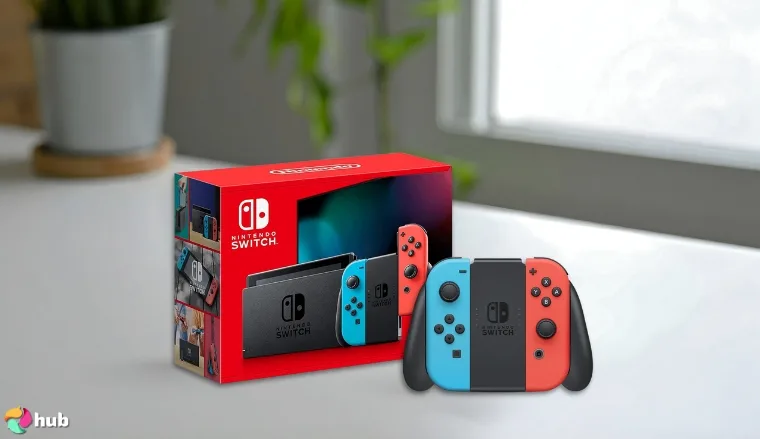 Nintendo Switch on a white office desk in a well-lit setting for a review