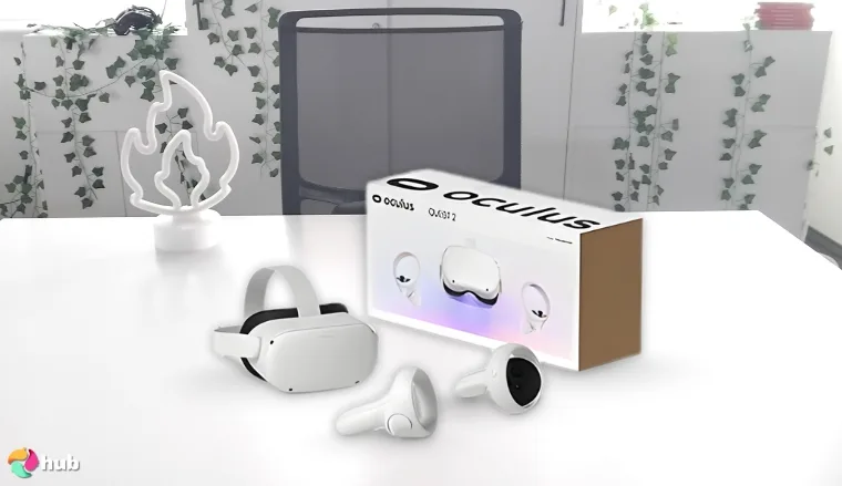 Oculus Quest 2 Advanced All-in-One VR Headset on a white office desk with minimal decor for a review