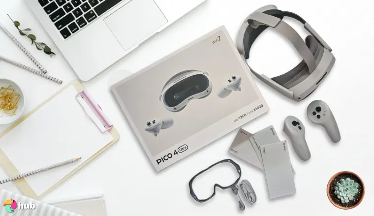 PICO 4 Ultra VR Headset on a white office desk styled for a review