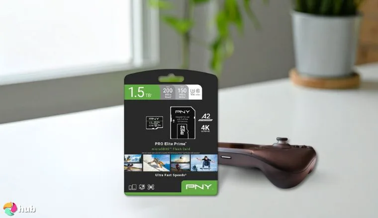 PNY PRO Elite microSD Card on a white office desk positioned for photography