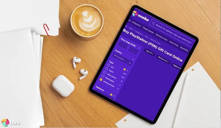 PSN Digital Gift Cards offer on the tablet screen on an office desk