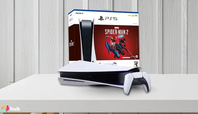 PlayStation 5 主机——漫威蜘蛛侠 2 同捆版，摆放在白色办公桌上，简约的办公环境，用于评测。