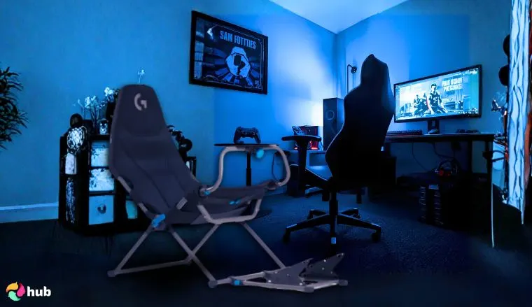 Playseat Challenge X – Logitech G Edition Racing Simulator Cockpit in the gaming room with soft lighting for a review