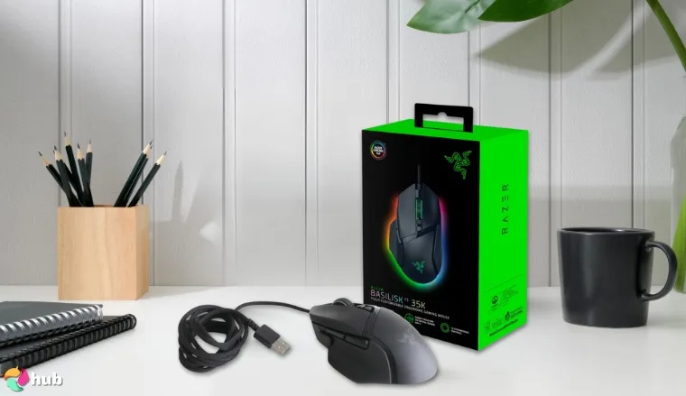 Razer Basilisk V3 Gaming Mouse on a white office desk with simple styling for a review