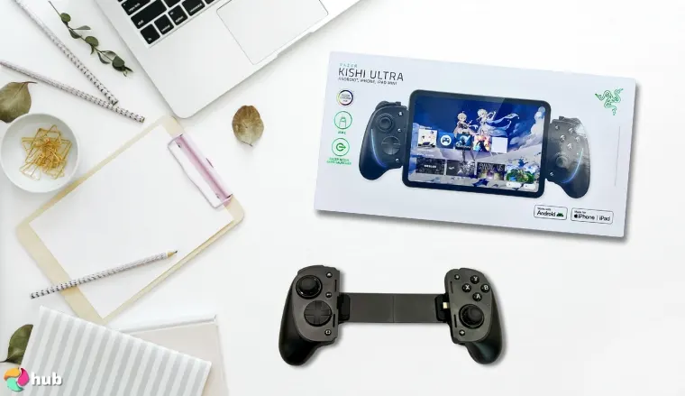 Razer Kishi Ultra Gaming Controller on a white office desk in a top-down view for a review