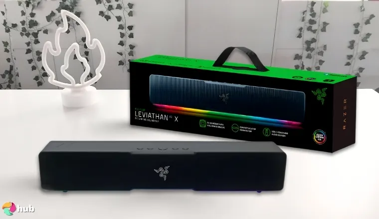 Razer Leviathan V2 X PC Soundbar on a white office desk with natural shadows for a review