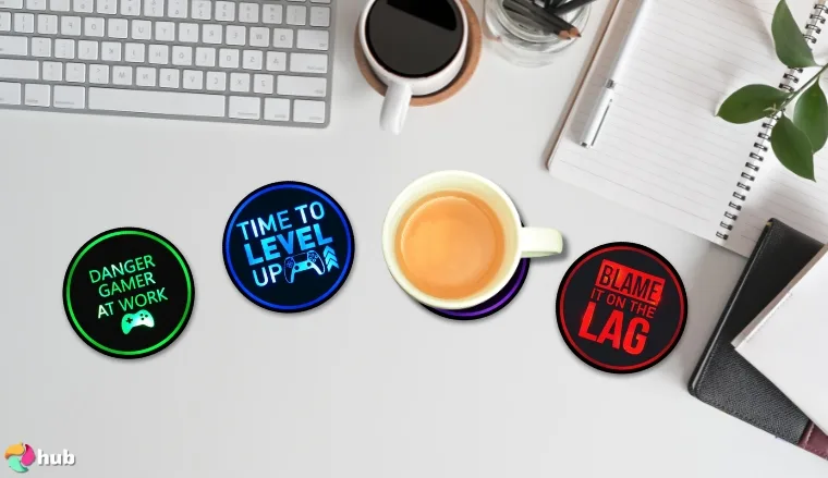 Rechargeable RGB Gaming Coasters on a white office desk prepared for testing shots