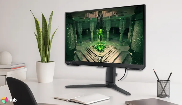 SAMSUNG 25″ Odyssey G4 Series Gaming Monitor on a white office desk set for a professional product review