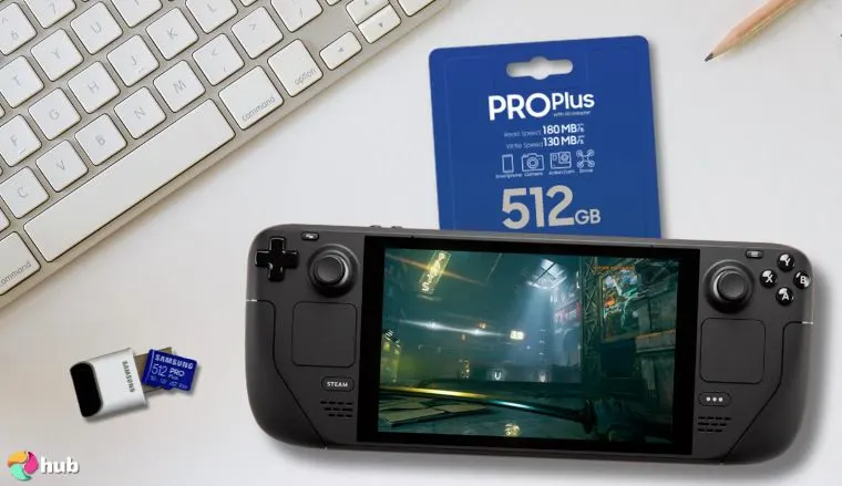 SAMSUNG PRO Plus microSD Card on a white office desk styled for a review