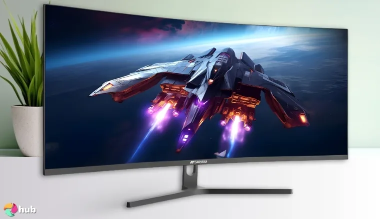 SANSUI de 34 pulgadas UWQHD Monitor on a white office desk in a clean setup for a review