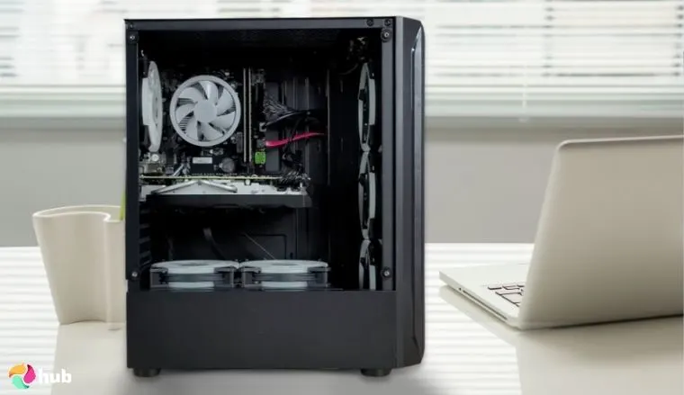 STGAubron Dual CPU Gaming PC on a white office desk in a minimalist setup for a review