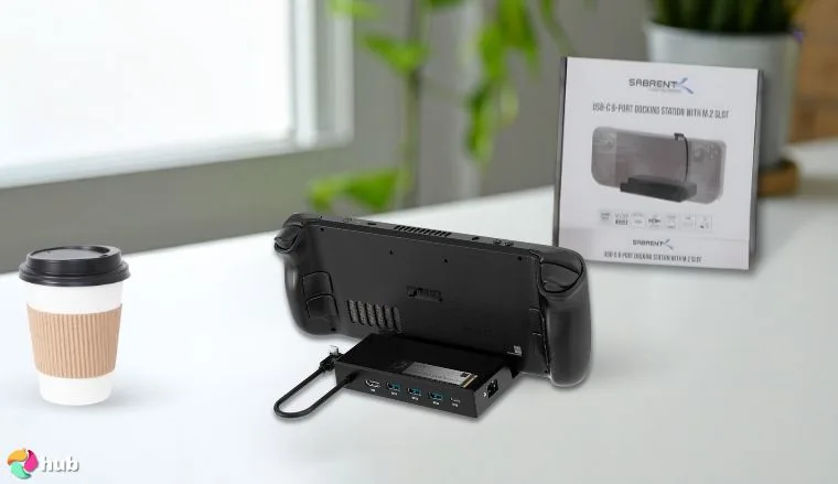 Sabrent 7-in-1 Steam Deck Dock on a white office desk photographed for a review