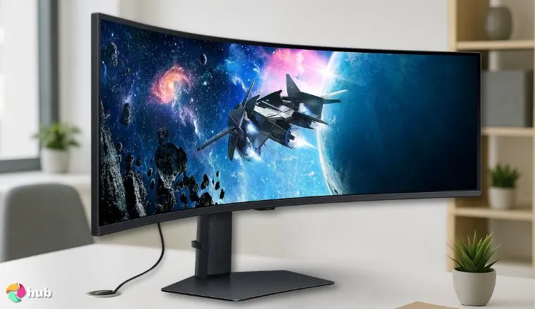Samsung Odyssey 49″ Monitor on a white office desk photographed for a review