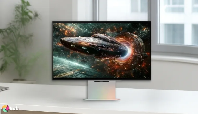 Samsung Odyssey G90XF Monitor on a white office desk positioned for photography