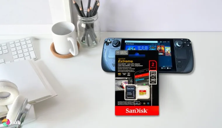 SanDisk Extreme microSD Card on a white office desk with professional arrangement for a review