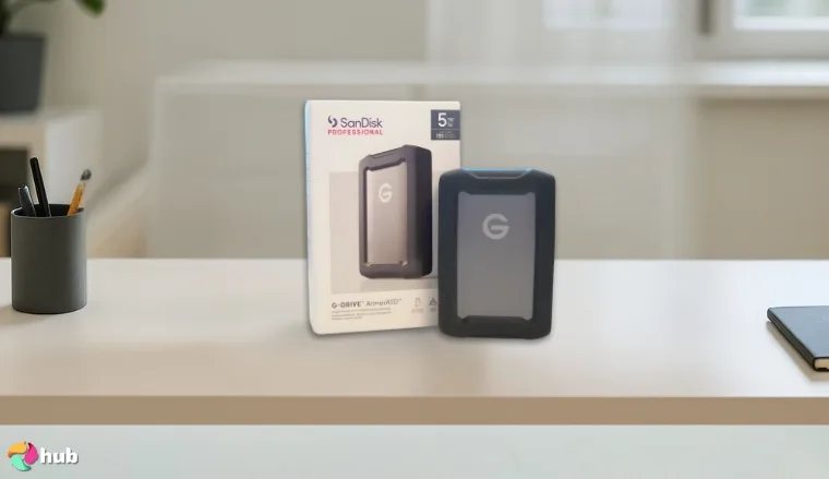 SanDisk Professional ArmorATD External HDD on a white office desk with balanced composition for a review