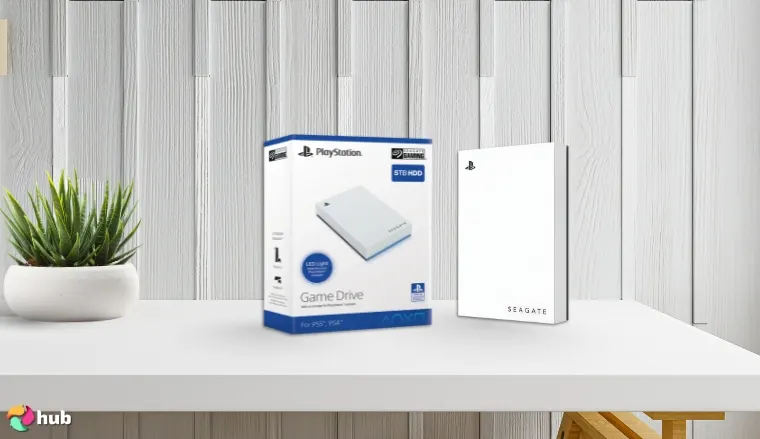 Seagate (STLV5000100) External HDD on a white office desk in a clean setup for a review