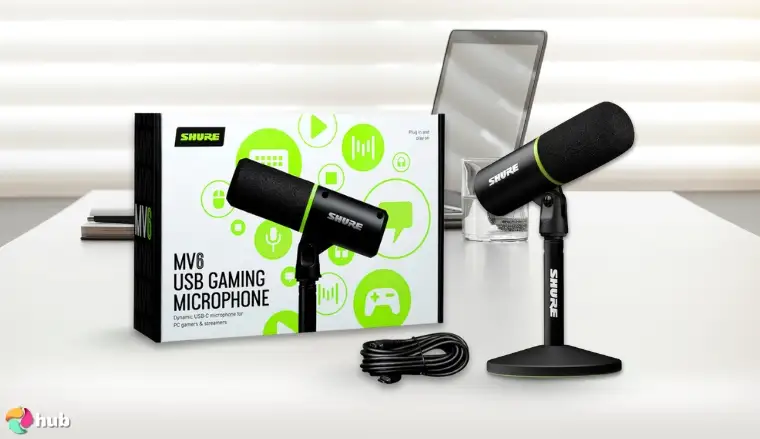 Shure MV6 USB Microphone on a white office desk set up for testing and review