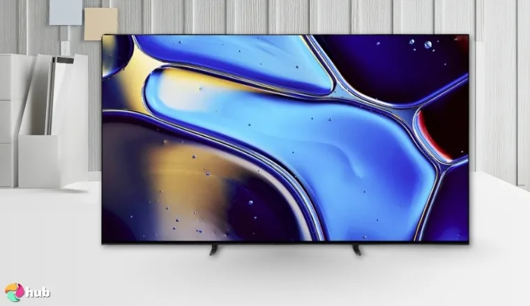 Sony 65-Inch BRAVIA 8 TV on a white office desk styled for a review