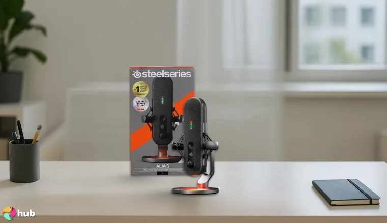 SteelSeries Alias Mic Gaming Microphone on a white office desk styled neatly for a review