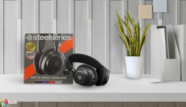 SteelSeries Arctis Nova 7 Gaming Headset on a white office desk styled for promotional review