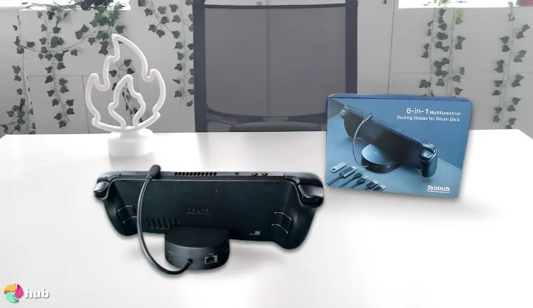 Syntech Mini Dock Steam Deck Dock on a white office desk with simple styling for a review