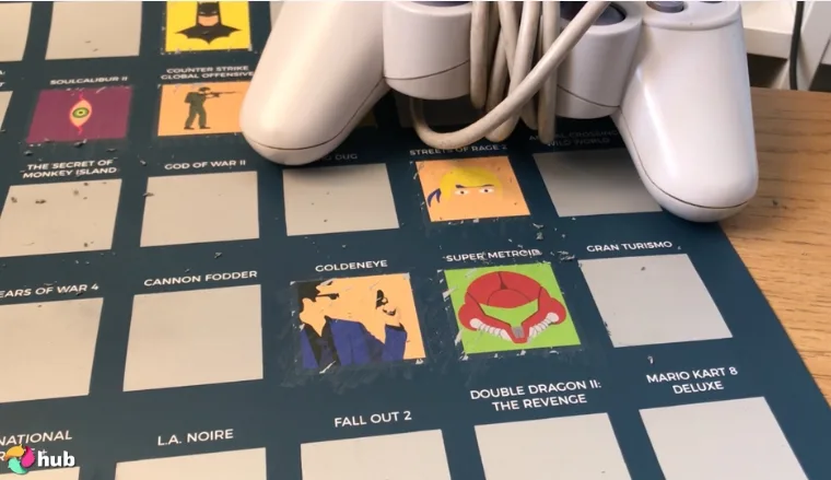 Top 100 Video Games Bucket List Scratch Poster detail on the office desk