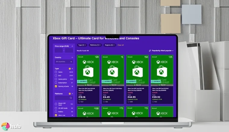Xbox Digital Gift Cards on the laptop screen on a white office desk