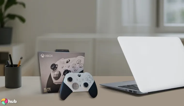 Xbox Elite Series 2 Core Wireless Gaming Controller on a white office desk with an uncluttered background for a review