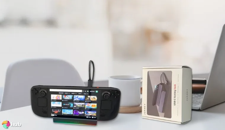 iVANKY 14-in-1 RGB Steam Deck Dock on a white office desk with natural shadows for a review