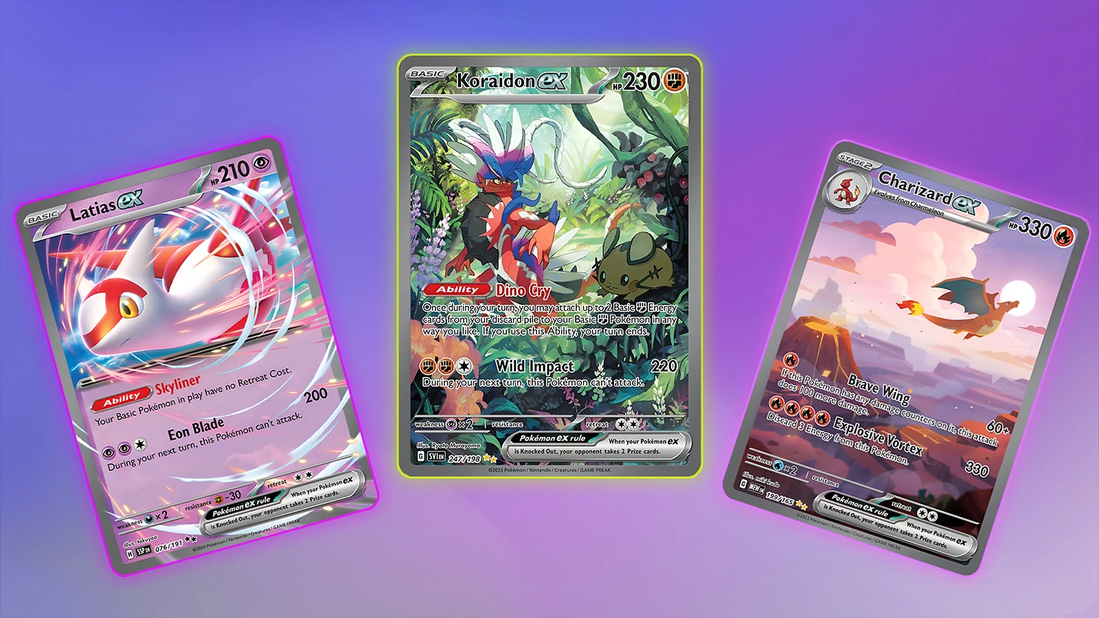Latias ex, Koraidon ex, and Charizard ex cards from Scarlet & Violet