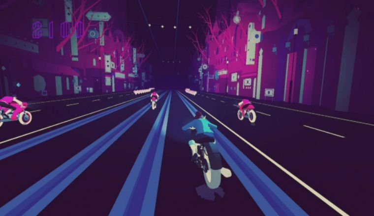 Neon-lit motorbike chase through surreal city in rhythm game.