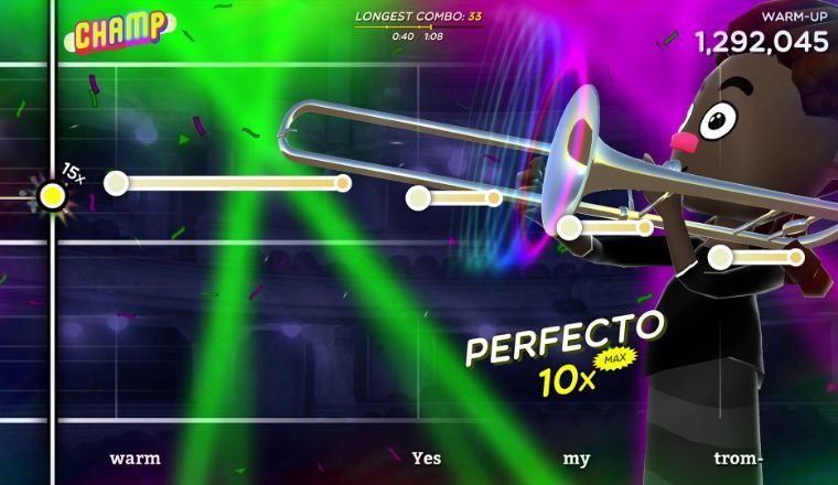 Cartoon character plays trombone in colorful rhythm game performance.