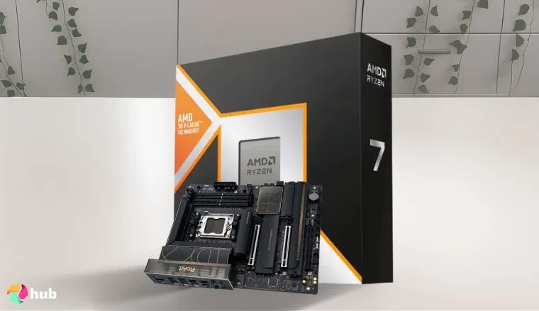 AMD RYZEN 7 9800X3D AMD CPU on a white office desk with natural shadows for a review