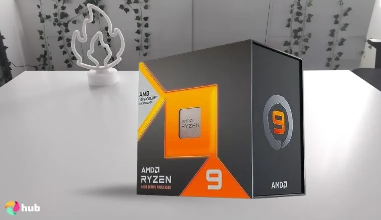 AMD Ryzen 9 7950X3D AMD CPU on a white office desk with simple styling for a review