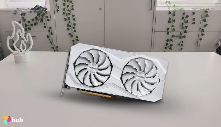 ASRock AMD Radeon RX 6600 Challenger AMD GPU on a white office desk photographed for a review
