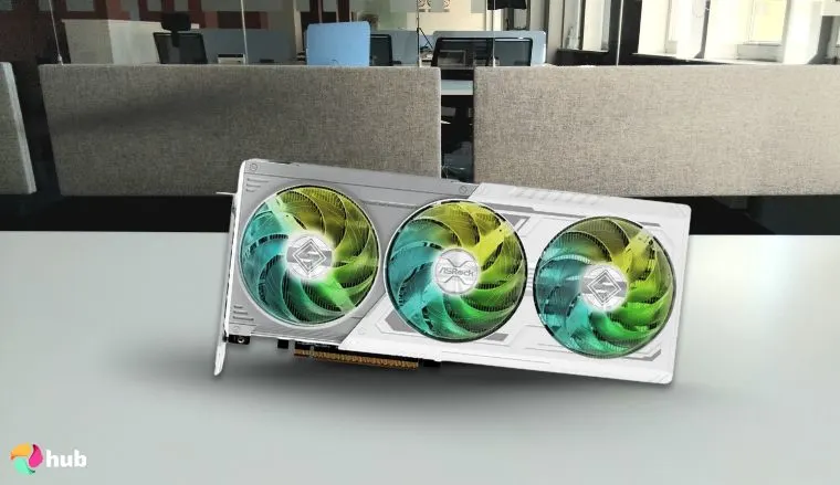 ASRock Radeon RX 9070 XT GPU on a white office desk with an editorial style for a review