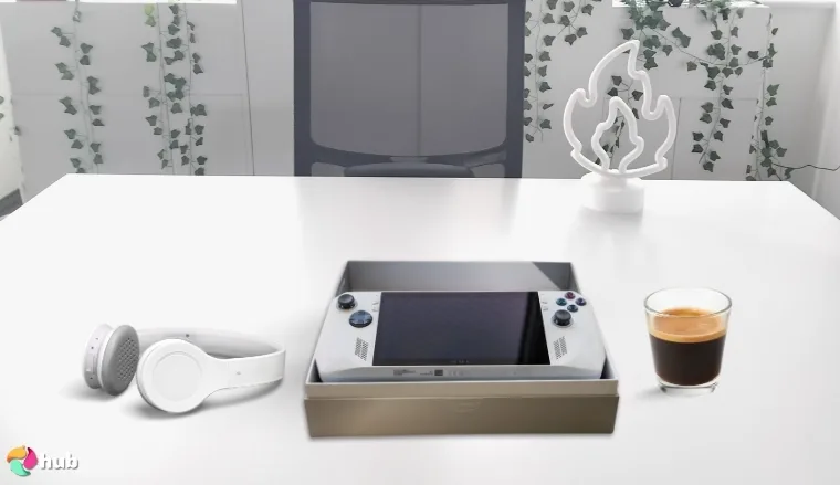 ASUS ROG Ally 7 Handheld Gaming PC on a white office desk positioned for photography