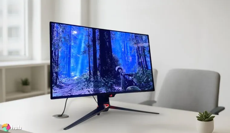 ASUS ROG Swift 32” Monitor on a white office desk in a clean setup for a review