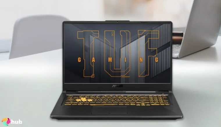 ASUS TUF F17 Gaming Laptop on a white office desk with an editorial style for a review