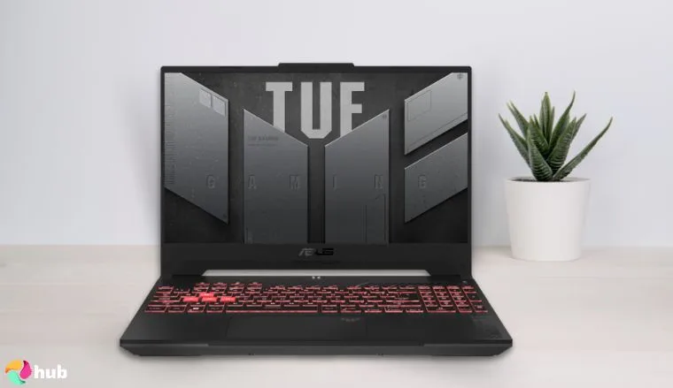ASUS TUF Gaming A15 Gaming Laptop on a white office desk in a minimalist setup for a review