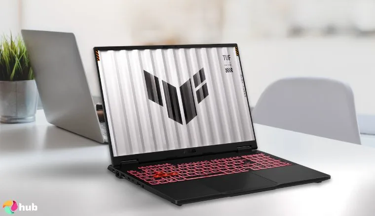 ASUS TUF Gaming A16 Gaming Laptop on a white office desk positioned for photography