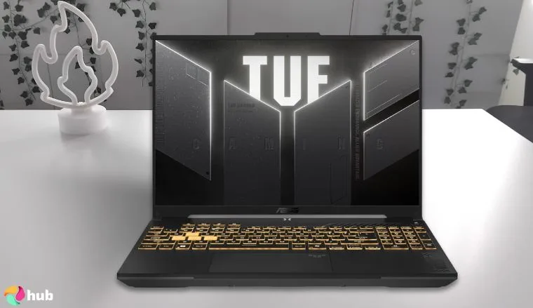 ASUS TUF Gaming F16 Gaming Laptop on a white office desk in a clean setup for a review