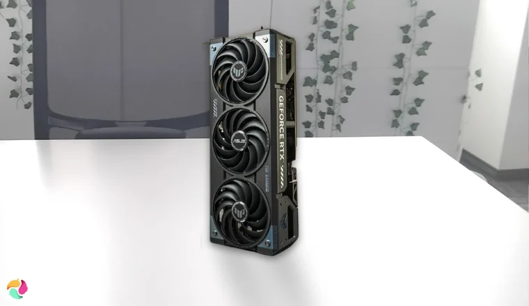 ASUS TUF Gaming GeForce RTX 5070 GPU on a white office desk with soft lighting for a review