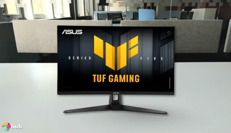 ASUS TUF Gaming VG27AQM5A Monitor on a white office desk prepared for testing shots