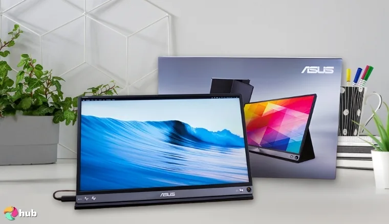 ASUS ZenScreen MB16AC Monitor on a white office desk with creative arrangement for a review