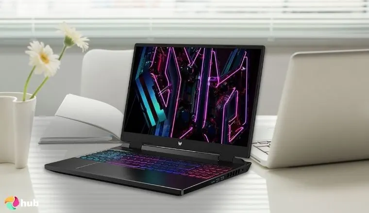 Acer Predator Helios Neo 16 Gaming Laptop on a white office desk in close-up for a review