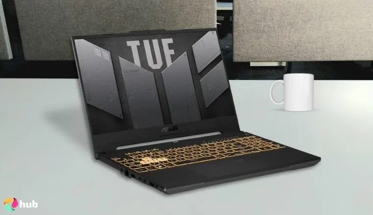 Asus TUF Gaming F17 Gaming Laptop on a white office desk styled for promotional review